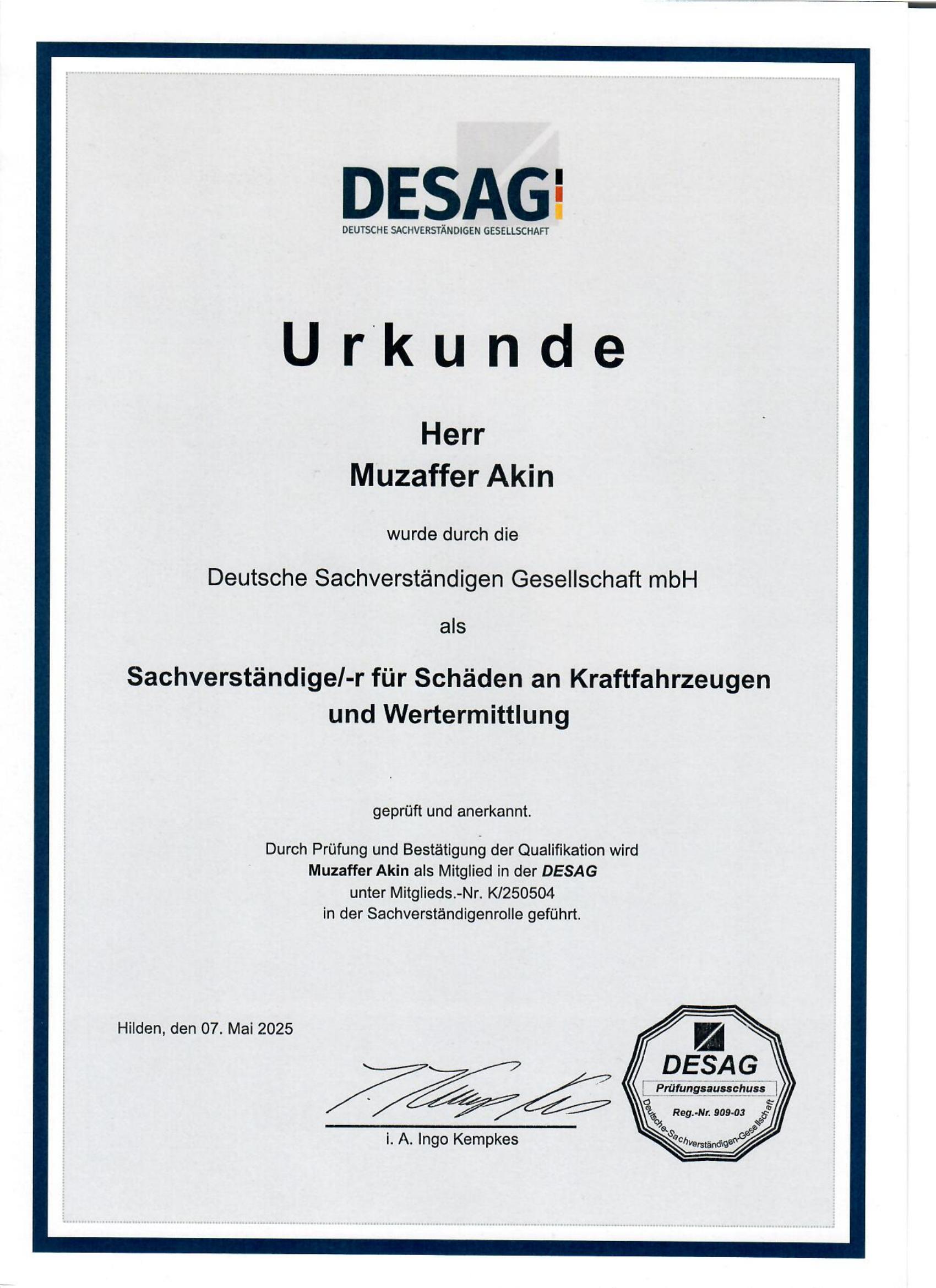 DESAG Urkunde — Mitgl.-Nr. K/250504